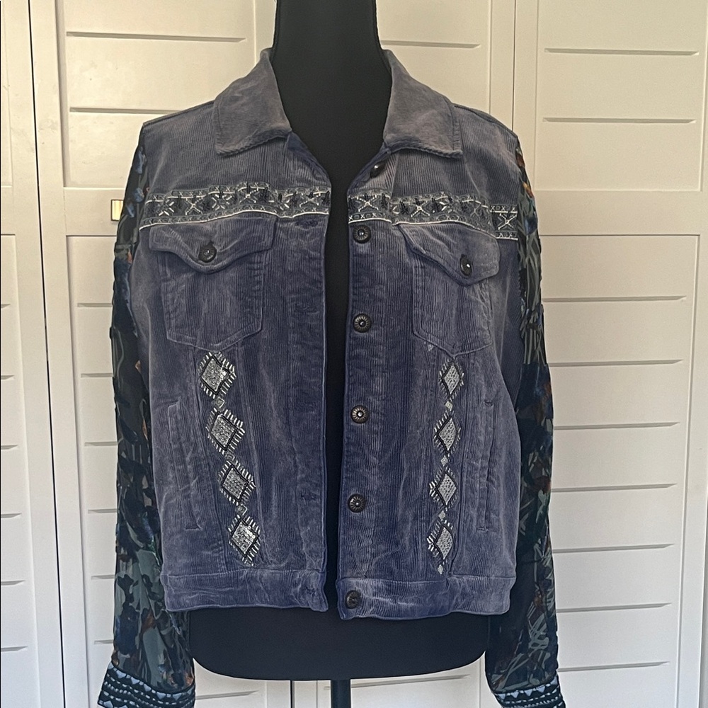 John Mark Jacket Dark Blue Corduroy Beaded Velvet Burnout Sleeves Medium